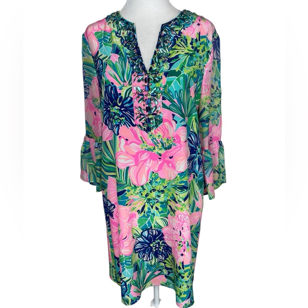 Lilly Pulitzer Elenora Silk Dress XS Jewelry 3/4 Ruffle Sleeves Notch Beads